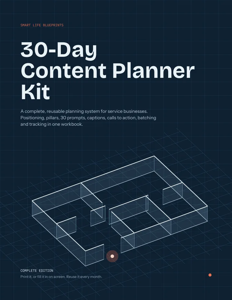 Cover of the 30-Day Content Planner Kit, Complete Edition, with an isometric floor plan drawing on an ink-blue grid