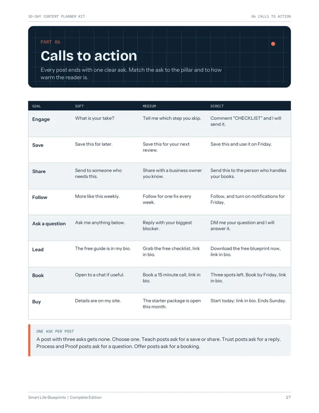 Sample page: calls to action table with soft, medium and direct versions for eight goals