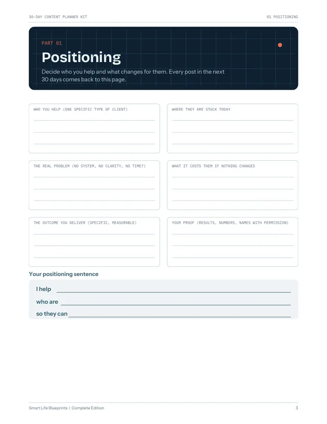 Sample page: positioning worksheet with fields for who you help, the real problem, the outcome and a one sentence positioning statement