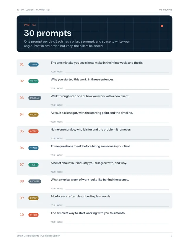 Sample page: 30 prompts table with pillar tags and a line to write your angle